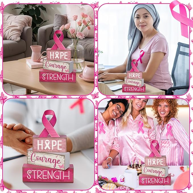 4 Pcs Breast Cancer Awareness Table Decor Pink Ribbon Wooden Sign Breast Cancer Tiered Tray Decor Decorative Pink Ribbon Blocks Sign Gifts for Home Kitchen Party Decoration