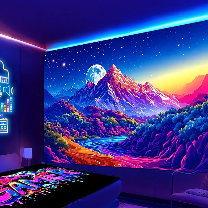 SparkLia Blacklight Sunset Mountain Tapestry – UV Reactive Forest Lake Wall Hanging, Neon Glow in the Dark Starry Sky Moon Nature Landscape for Bedroom, Living Room & Dorm Decor – 59.1" x 80"