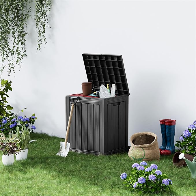 Outdoor Storage Box 28 Gallon, Deck Box Waterproof Resin with Lockable Lid, UV-Resistant Patio Storage Box for Pool Supplies, Garden Tools, Black