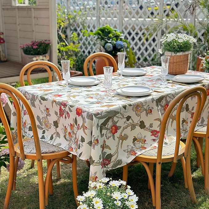 Rectangle Easter Tablecloth, Floral Waterproof Outdoor Tablecloth, Washable Spring Summer Table Cloth, Table Cover for Farmhouse, Dining, Party, Easter, 60 x 108 Inch, Red Flower