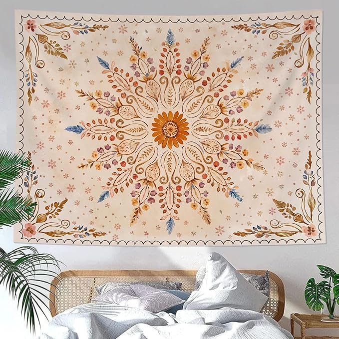Fowocu Boho Floral Mandala Tapestry for Bedroom Aesthetic Watercolor Bohemian Flower Wall Tapestry Brown Beige Hippie Indian Large Tapestries Wall Hanging for Living Room Dorm Decor 80 x 60 Inch