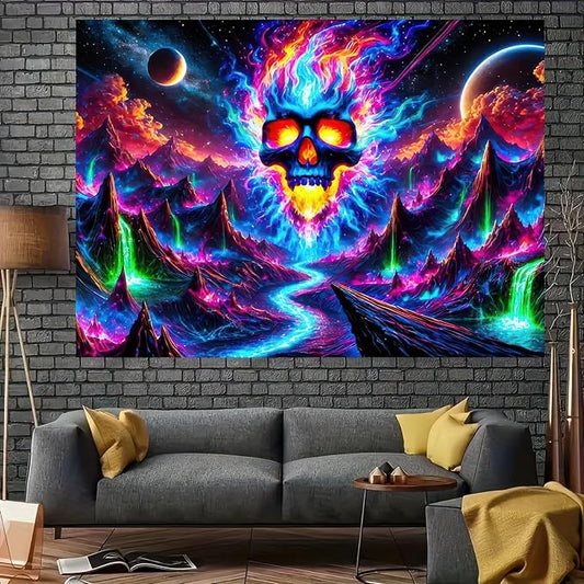 BlissYard Blacklight Skull Tapestry UV Reactive Tapestry 78x59 Inch Black Light Galaxy Planet Glowing Large Neon Posters Wall Hanging for Home Living Room Bedroom Decor