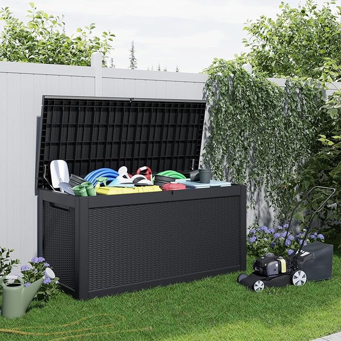 260 Gallon Resin Deck Box, Lockable Patio Outdoor Storage Box for Furniture, Garden Tools and Tools Storage, Waterproof Outside Storage Boxes - Black