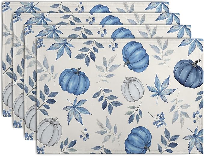 Blue Pumpkin Maple Leaves Fall Placemats Set of 4 Autumn Thanksgiving Harvest Linen Place Mat Non Slip Heat Resistant Washable Table Mats for Party Kitchen Dining Decoration