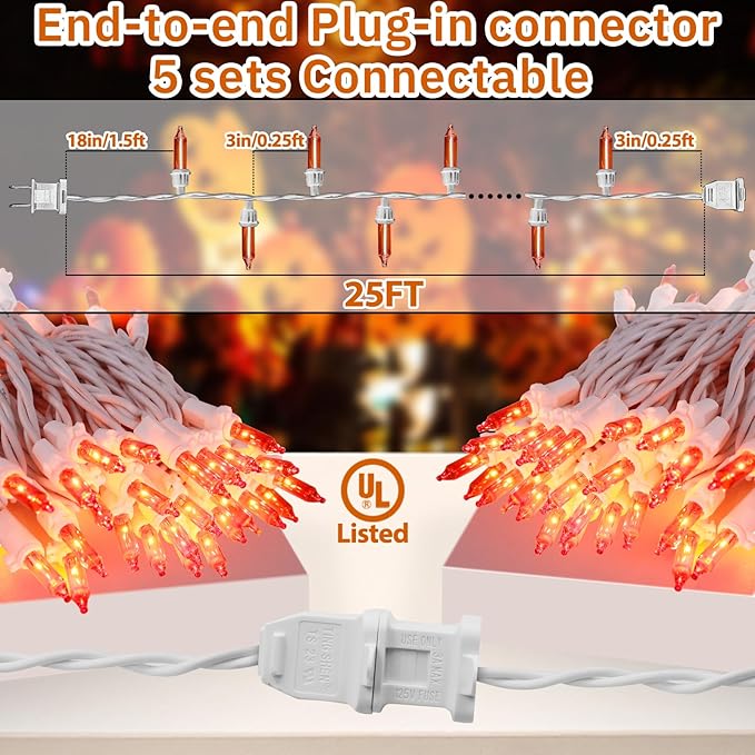 Christmas Mini String Lights Orange, 25FT 100 Count Incandescent Connectable Halloween Lights, UL Listed Waterproof Christmas Decorations for Indoor Outdoor Party Home Garden Decor, White Wire