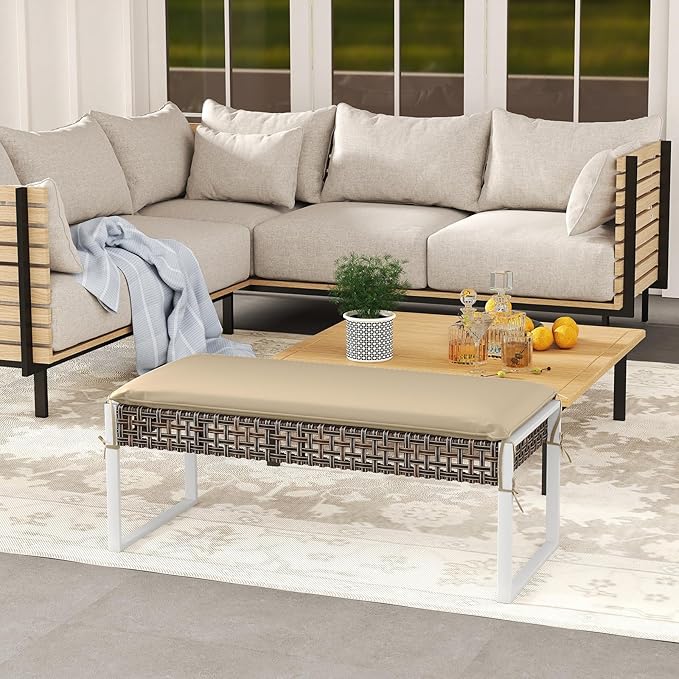 Tangkulka Outdoor Ottoman, Patio Rattan Heavy Duty Wicker Footrest with Soft Cushion & Metal Frame, Extra Seating, for Porch, Backyard, Lawn and Poolside (1)