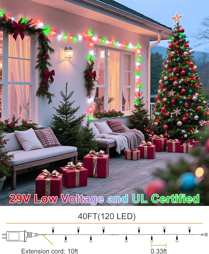 Christmas Lights Outdoor 40FT 120 LED, Green Wire Christmas Tree Lights with Waterproof, 8 Modes & Timer, Connectable String Twinkle Light for Indoor Yard Party Holiday Decorations, Red White Green
