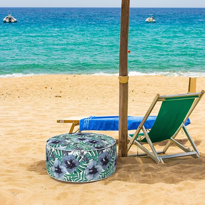 Inflatable Ottoman Stool D21 xH9 for Outdoor/Indoor Use, Water Repellent Patio Foot Rest with Portable Handle,Round Pouf Ottoman Suitable for Garden,Deck and Camping - Blue Salmone Tropical