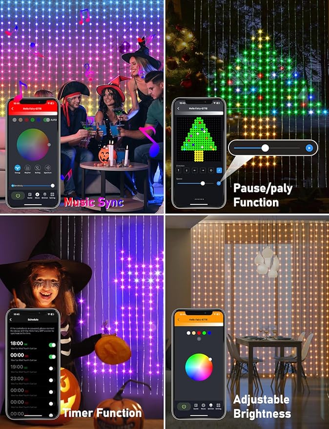 Amposei Smart Curtain Lights, Smart LED Curtain String Lights Outdoor, 540 LEDs Christmas Lights, Dynamic DIY Light, Music Sync Color Changing Fairy Lights with APP Remote Control for Backdrop Bedroom
