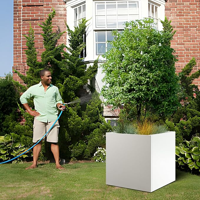 White Steel Planter Square Outdoor Planters Galvanized Steel Planter Box Indoor Metal Large Planters Cube Heavy Duty Flower Pot 26 Inch Modern Commercial Residential for Trees Patio Deck Yard Garden