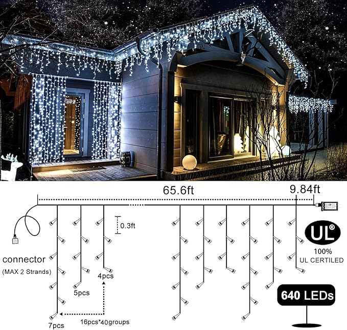 Icicle Christmas Lights Outdoor - 66ft 640 LED Icicle Lights for Outside 8 Modes with 120 Drops, Waterproof Plug in Fairy String Lights for Party Holiday Wedding Christmas Decoration, Cool White