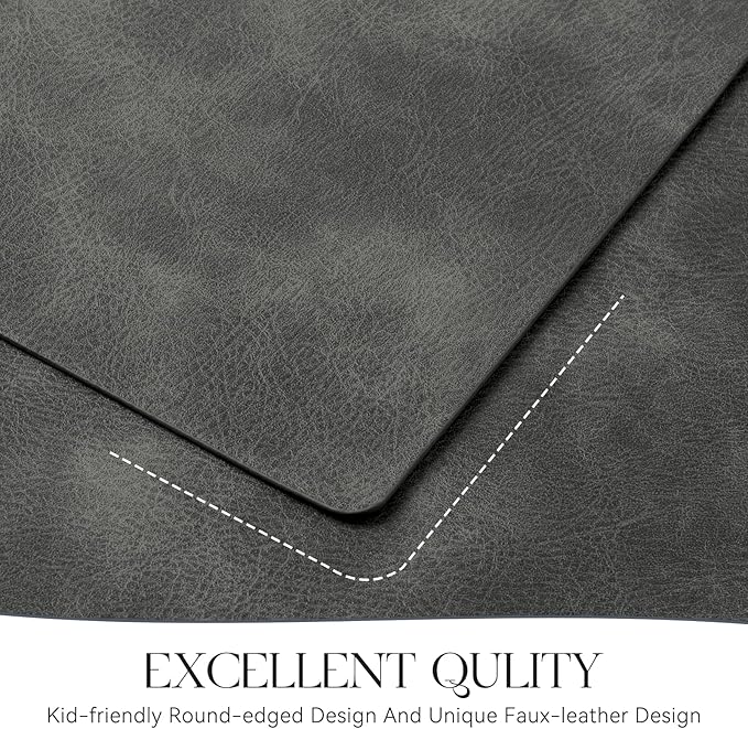 MOSAYT Vinyl Placemats Set of 8-12 X 17 Inch - Faux Leather 100% Waterproof Oil-Proof Wipeable PU Place Mats, Heat Resistant Reversible Table Mats for Kitchen, Dining, Outdoor (Dark Grey)
