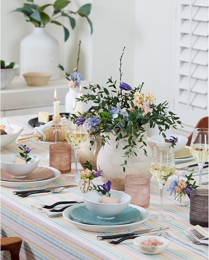 Solino Home Linen Striped Tablecloth 60 x 108 Inch - 100% Pure Linen Multicolor Muted Pastel Stripe Table Cloth for Rectangle Tables - Julia, Machine Washable Tablecloth