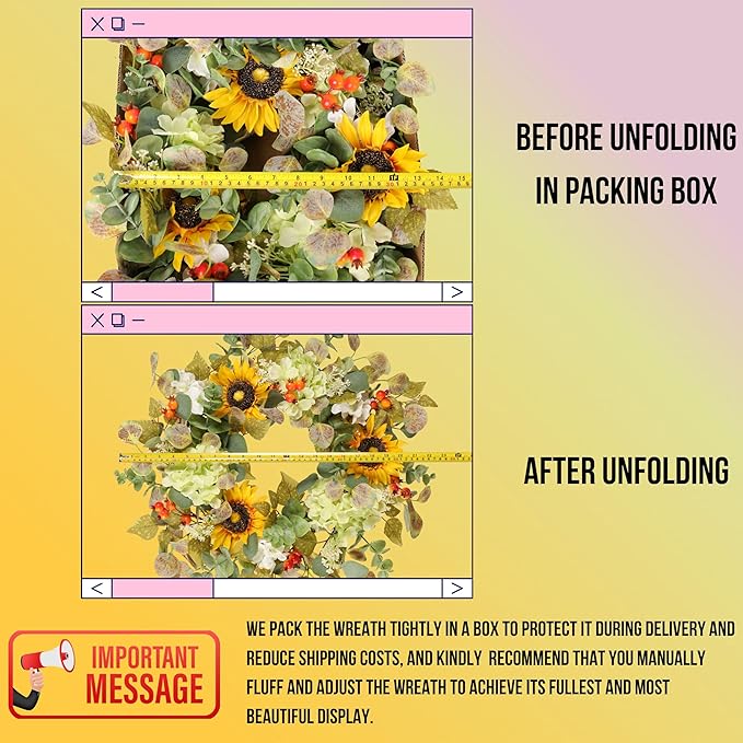 20IN Sunflower Wreath for Front Door Summer Hydrangea Wreath with Eucalyptus Leaves Orange Berries Farmhouse Door Decor for Easter, Mother’s Day, Indoor Outdoor Seasonal Wall Hanging