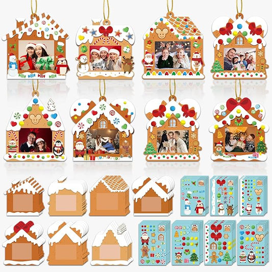 28 Pack Christmas Picture Frame Craft Kits for Kids, Xmas DIY Gingerbread House Candy Photo Craft Christmas Hanging Frame Ornaments for Xmas Tree Holiday Art Decorations Home Class Game Activities