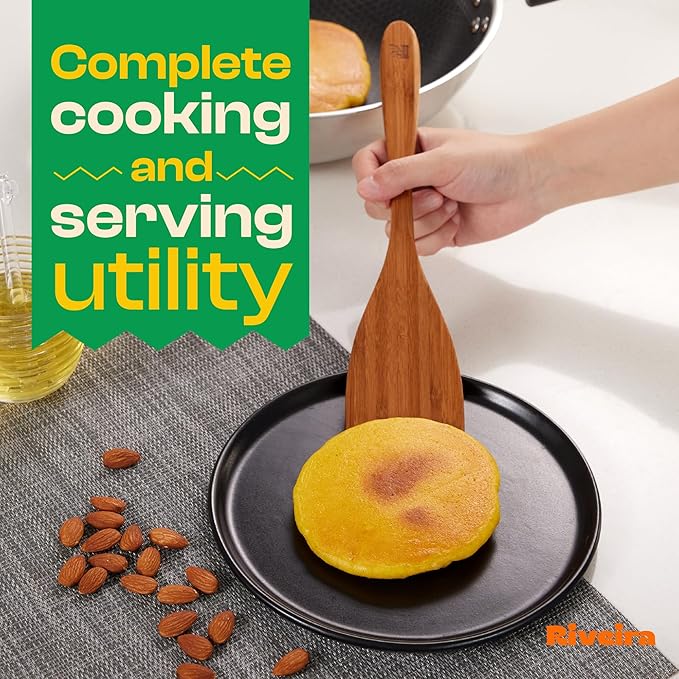 Riveira Brown Bamboo Wooden Spoons for Cooking Set of 6 – Natural Brown Bamboo Wooden Cooking Utensils, Wooden Spatula, Wooden Spoon - Premium Quality Wooden Utensil Set for Non-Toxic Cooking