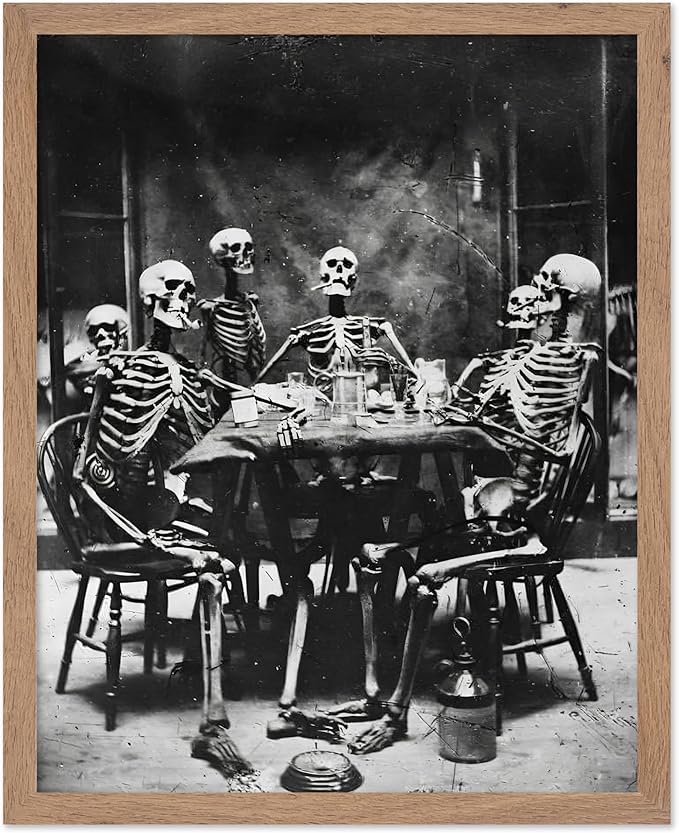 Poster Master Vintage Photograph Poster - Retro Daguerreotype Print - Gift for Artist, Friend - Skeletons Smoking at Table, Dinner Party, Goth - Wall Decor for Home, Dorm, 16x20 Beige Framed