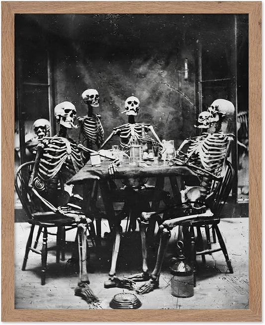 Poster Master Vintage Photograph Poster - Retro Daguerreotype Print - Gift for Artist, Friend - Skeletons Smoking at Table, Dinner Party, Goth - Wall Decor for Home, Dorm, 11x14 Beige Framed