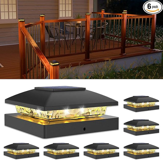 VOLISUN 4x4 Solar Post Cap Light 6pack,Solar Fence - Cap Lights Outdoor Waterproof for Wooden/Vinyl Post,Black Deck Post Cap Light Solar Powered with Warm White for Garden/Patio/Porch