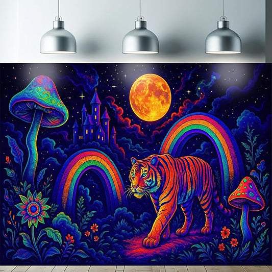 Starlit Patio Psychedelic Tiger Blacklight Tapestry UV Reactive Wall Hanging Rainbow Mushrooms Castle and Moon for Bedroom Dorm Living Room Glowing Jungle Decor Fluorescent Trippy Poster 78 x 59 Inch