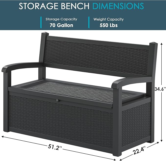 70 Gallon Storage Bench Deck Box for Patio Furniture with Armrest Bench Outdoor Storage