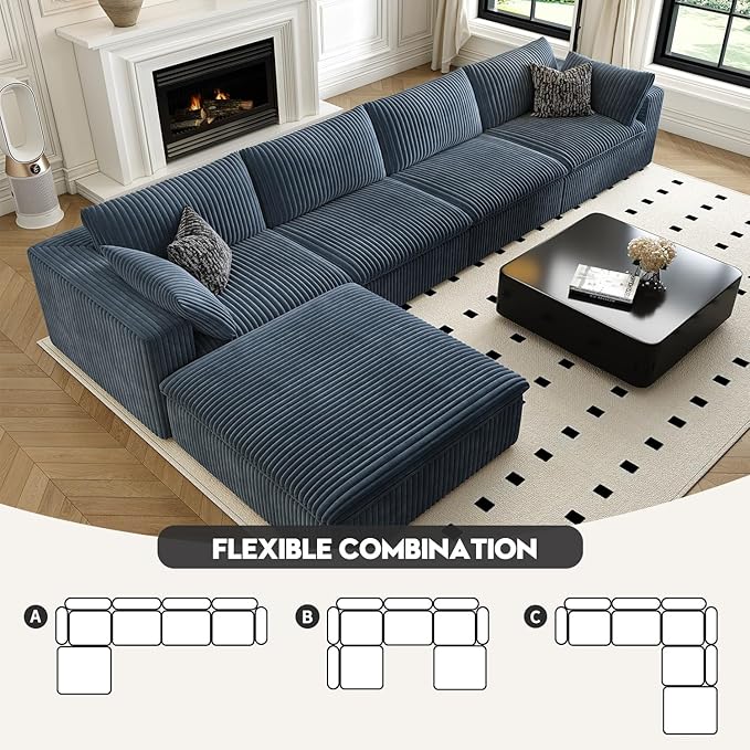 157.5" Cloud Couch Modular Sectional Sofa for Living Room,Modern Sofa with Deep Seat，L-Shape Boneless Couch with Ottoman,Comfy Upholstered Corduroy Couches for Apartment, Studio, Office,Bedroom，Blue