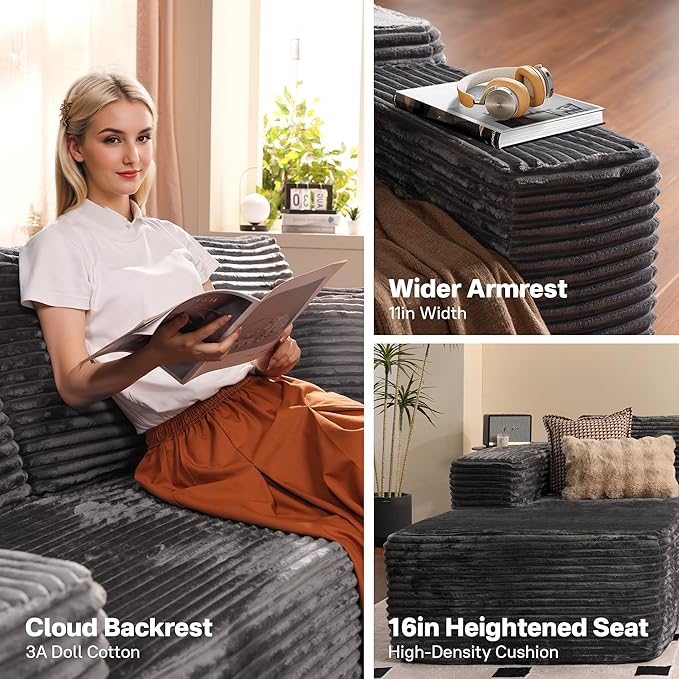 104" Cloudy Sectional L Shaped Couch for Living Room, No Assembly Required, Modular Comfy Sofa with Deep Seat, Fluffy Couch with Sleeper Chaise for Apartment Lounge (Grey)