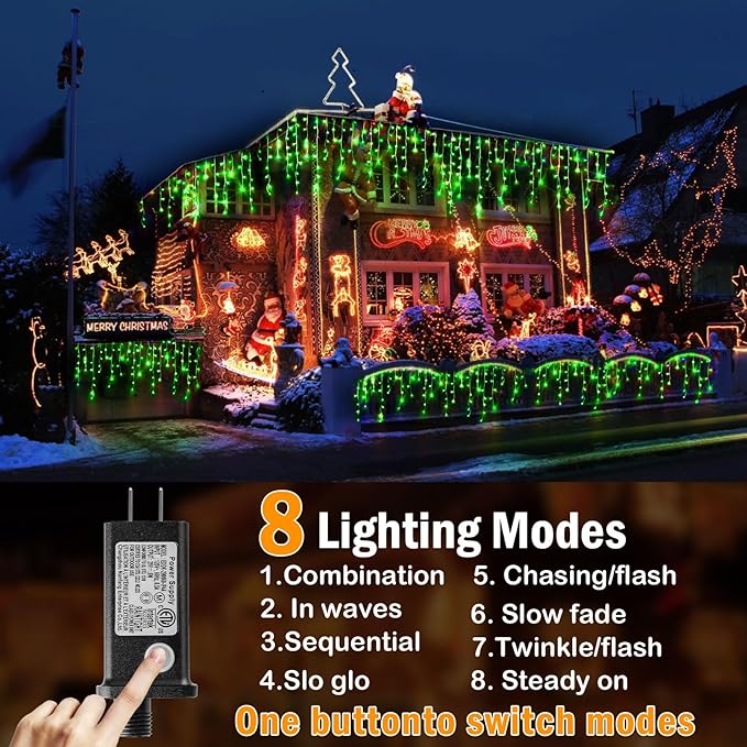 KNONEW 99ft 1216 LED Christmas Lights Outdoor Decorations with 228 Drops, 8 Modes Curtain Fairy Light, Clear Wire LED String Light Decor for Wedding Party Christmas (Green)