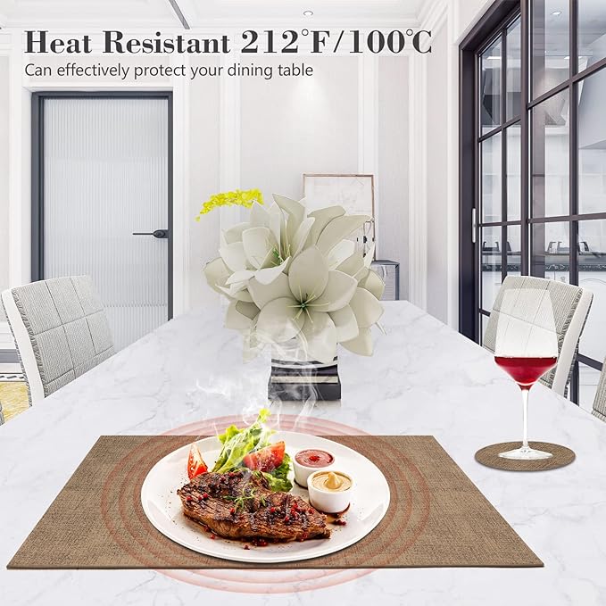 Faux Leather Placemats Set of 6,Heat Resistant Placemats for Dining Table, Easy Clean Non-Slip Place Mats, Waterproof Stain Resistant Wipeable Washable PU Table Mats, (Coffee)