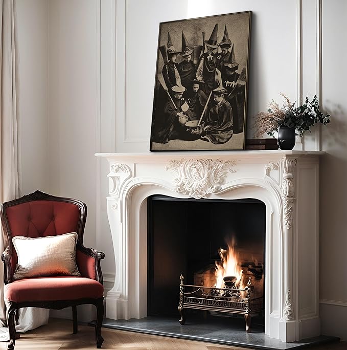 Poster Master Vintage Photograph Poster - Retro Halloween Print - Gift for Artist, Friend - Witches Cooking, Pointy Hats, Broomsticks, Black Magic - Wall Decor for Bedroom, 24x32 Unframed Wall Art