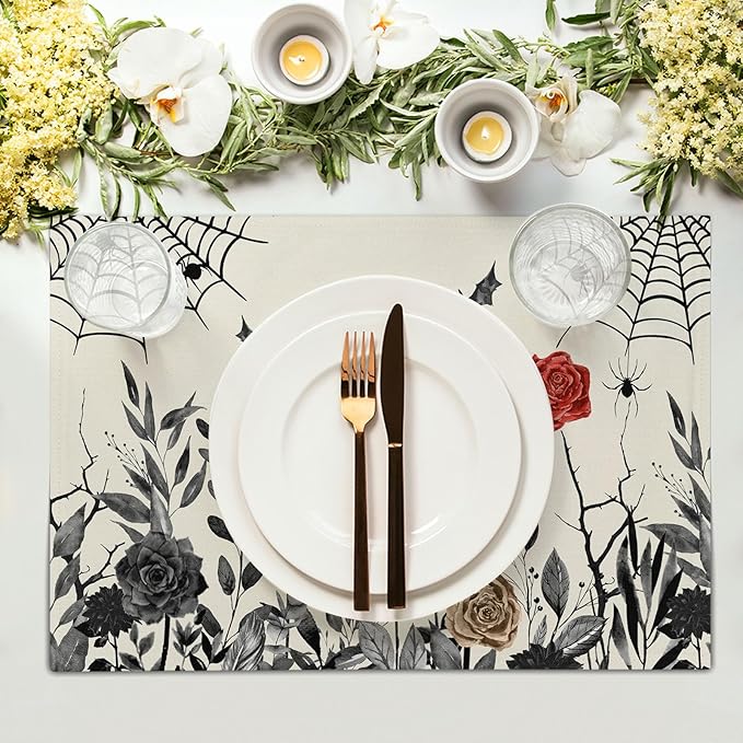 Halloween Placemats Set of 4 12x18 Inch Vintage Black Floral Bat Spider Web Washable Non-Slip Heat Resistant Place Mats Rustic Table Mats for Party Kitchen Dining Room Decor