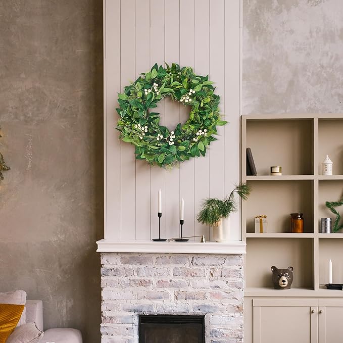 GENMOUS 24 Inch Christmas Wreaths for Front Door, Green Cypress Leaves Wreath with Cedar Laurel White Berries, All Season Indoor Outdoor Wedding Holiday Christmas Home Wall Door Porch Decor