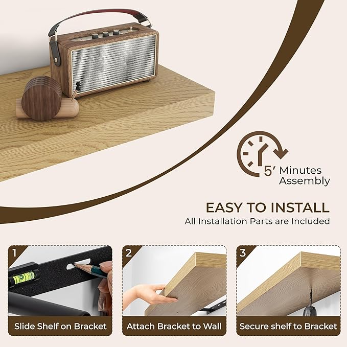 RICHFOCUS 72Inch Floating Shelves for Wall 1 Pack Shelves for Bedroom|Kitchen|Bathroom Wall Mounted Rustic Wood Floating Shelf with Invisible Brackets for Books|Storage|Decor, Oak