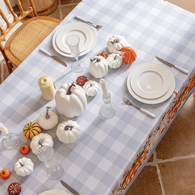 Romanstile Fall Tablecloth Rectangle, Thanksgiving Autumn Harvest Pumpkin Buffalo Plaid Table Cloth, Stain Resistant Washable Table Cover for Party/Dining/Holiday- Grey Blue Checkered, 60x 84 Inch