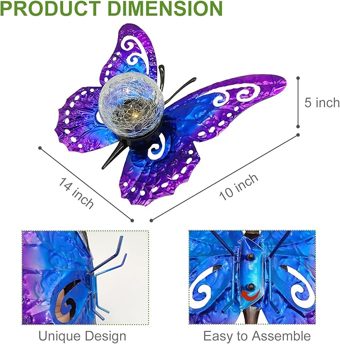 Solar Lights Outdoor Garden Butterfly Decor, Metal Butterfly Statue Decoration with LED Crackle Glass Globe, Solar Powered Lighted Garden Art Decor for Patio Lawn Yard Pathway Tabletop Ground