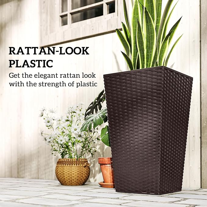 Outsunny Tall Planters for Outdoor Plants Set of 3, 24 in Taper Planters with Drainage Holes, Rattan Decor Plant Pots for Indoor Outdoor Front Porch Patio Backyard, Brown
