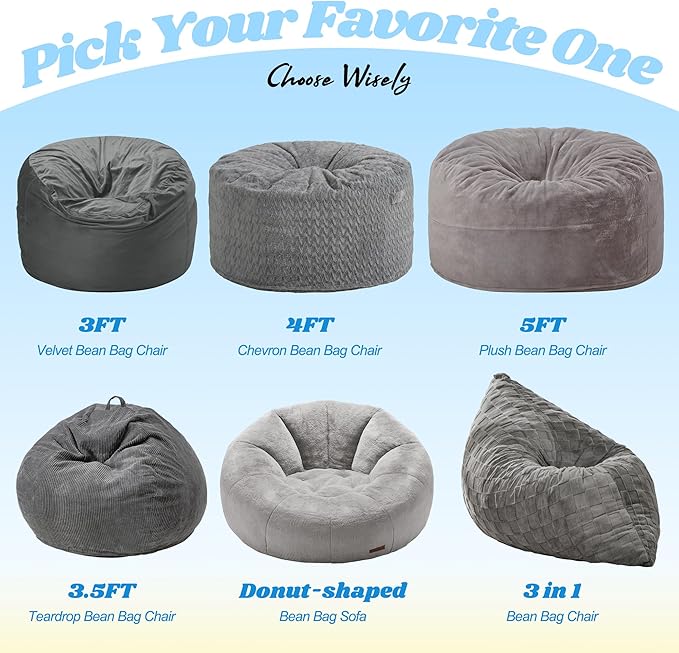 Hobestluk 3 in 1 Bean Bag Chair Giant Bean Bag Chairs for Adults with Plaid Cover Convertible Bean Bag Floor Cushion with Machine Washable Cover for Living Room (Plaid Grey)