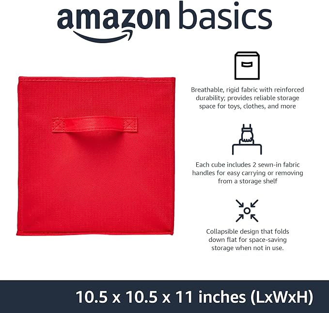 Amazon Basics Cube Organizer Storage Bins Handles, Collapsible Fabric, Pack of 6, 10.5"x10.5"x11", Red