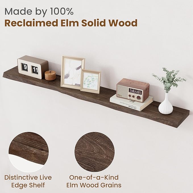 Floating Shelves for Wall Decor, Rustic Solid Elm Wood Floating Shelves Wall Mounted, Wall Shelves with Invisible Bracket for Living Room Bathroom Bedroom Kitchen, 55 Inch, Walnut