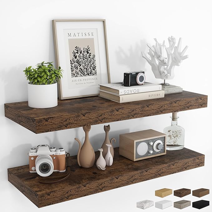 RICHFOCUS 36Inch Floating Shelves for Wall 2 Pack Shelves for Bedroom|Kitchen|Bathroom Wall Mounted Rustic Wood Floating Shelf with Invisible Brackets for Books|Storage|Decor, Rustic Brown