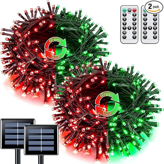 JMEXSUSS Red and Green Solar Christmas Lights Outdoor Waterproof, 2 Pack 100 Led 33ft Color Changing Solar String Lights for Christmas Tree Decor