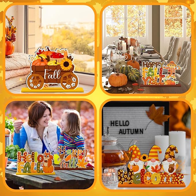 6 Pcs Fall Decorations for Home Fall Table Centerpiece Hello Autumn Wooden Table Sign Pumpkin Gnome Truck Gnome Wood Tabletop Decor Autumn Harvest Party Decorations for Home, 6 Styles