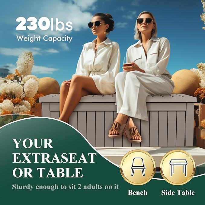 230 Gallon Outside Storage Box, Resin All Weather Storage Cabinet, Large Deck Box for Garden Tools, Patio Furniture, Sports Equipment, Light Brown