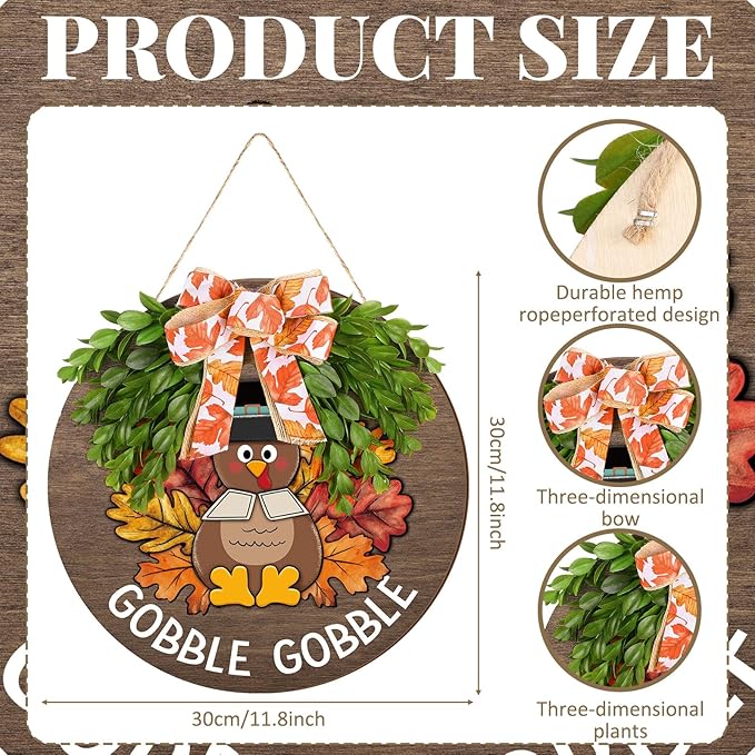 Boao 12 Inch Thanksgiving Door Decor Turkey Gobble Wooden Sign for Front Door Decorations Thanksgiving Sign with Bow Wall Art Hanging Wreath Decorations for Harvest Home Outdoor Farmhouse Porch Hanger