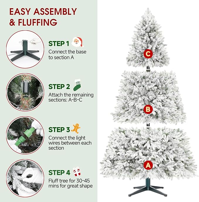 7.5ft Pre-Lit Snow Flocked Rotating Christmas Tree with 470 Multi-Color LED Lights, 1470 PE & PVC Tips - Realistic Artificial Tree for Holiday Decor