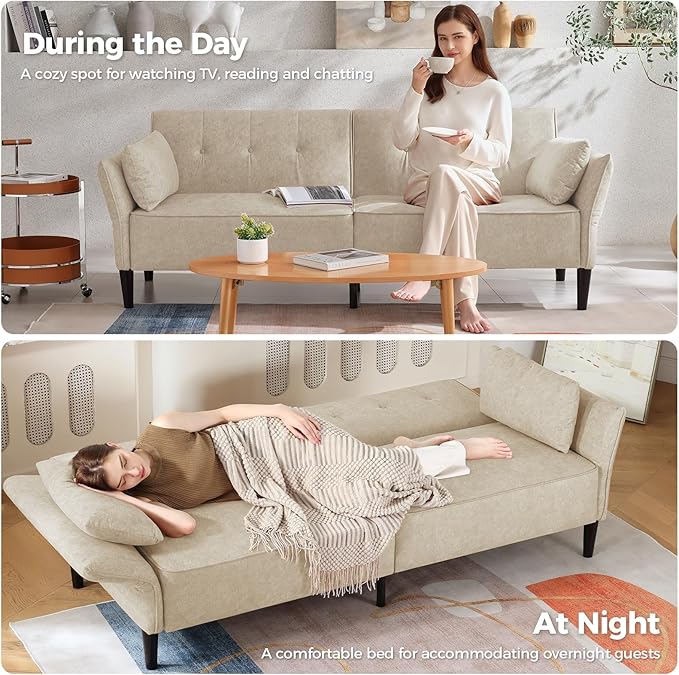 89” Futon Sofa Bed, Velvet Fabric Comfy Futon Couch Bed with 2 Square Pillows, Convertible Sleeper Sofa with Adjustable Backrest& Armrests, Modern Loveseat Sleeper for Living Room, Beige