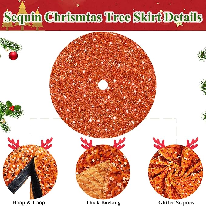 MODFUNS Orange Christmas Tree Skirt 60 Inch Sequin Xmas Tree Skirts Velvet Tree Mat Sparkly Fall Tree Skirt Burnt Orange Round Thanksgiving Tree Base Cover for Artificial Trees Christmas Day Ornaments
