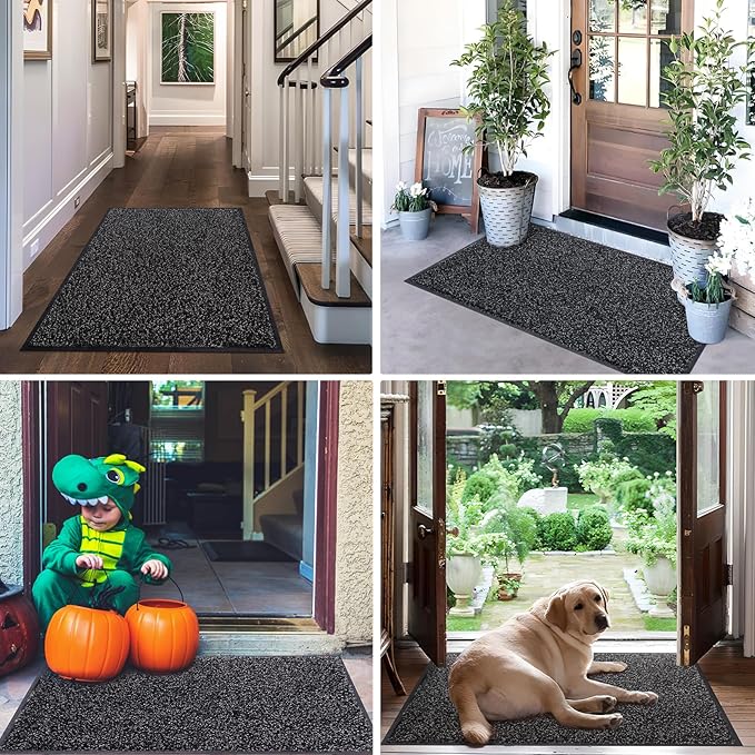 Mibao Front Door Mat, Dirt Trapper Welcome Mat for Outdoor Indoor, Non-Slip Waterproof Doormat, Durable Machine Washable Low Profile Entry Rug for Back Door Outside Patio Porch, 60" x 36", Black