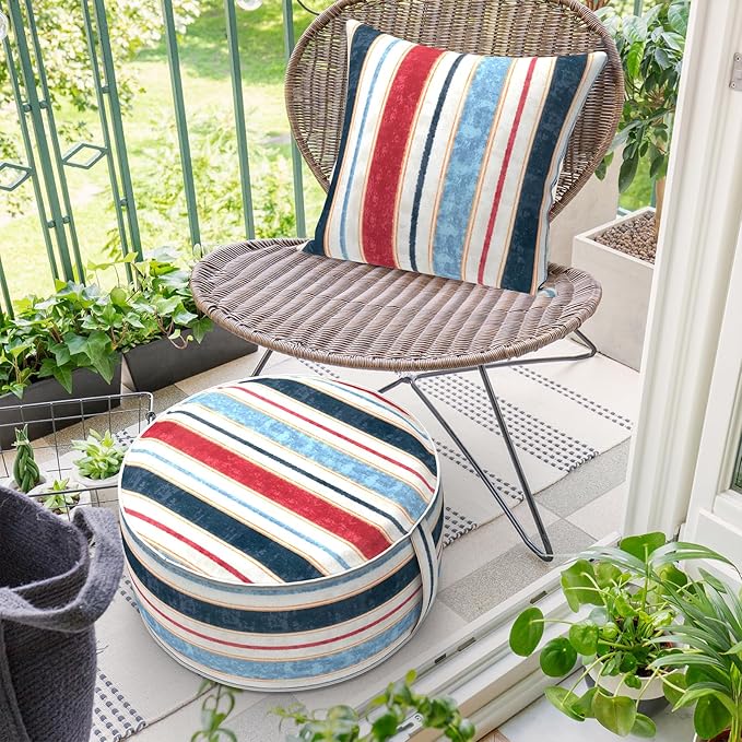 Inflatable Ottoman Stool D21 xH9 for Outdoor/Indoor Use, Water Repellent Patio Foot Rest Stool with Portable Handle,Round Pouf Ottoman Suitable for Garden,Deck and Camping - Stripe Red Blue