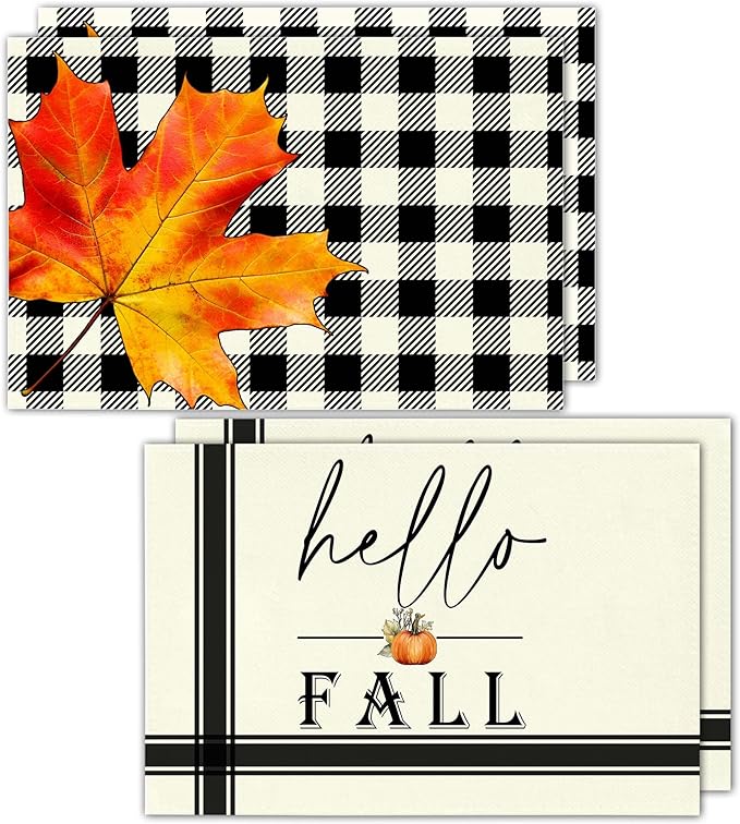 Hello Fall Placemats Set of 4, 12x18 Inch Maple Leaves Buffalo Plaid Table Mats, Washable Heat Resistant Place Mats for Kitchen Dining Table, Autumn Home Farmhouse Decor-B01